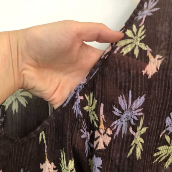 FREE PEOPLE Brown Periwinkle Floral Ribbed Knit V-Neck Short Sleeve Y2K Blouse - Picture 7 of 11